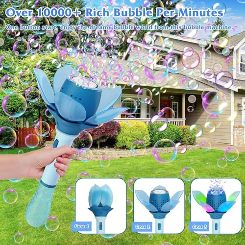 Image of Electric Bubble Stick for Kids, Automatic Bubble Machine 10000+ Bubbles Light Up Flower Bubble Wand Bubble Toys for Summer Outdoor Party Wedding (Blue)