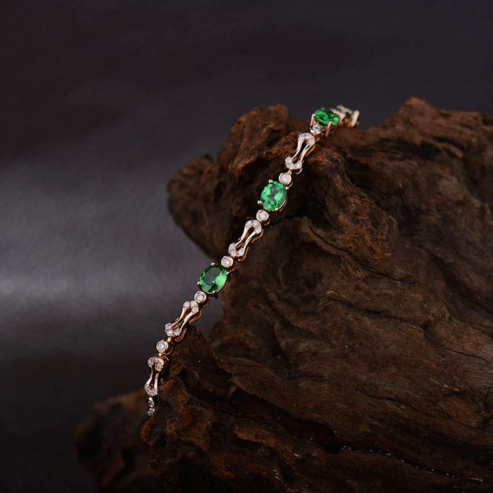 Pulsera para Mujer de Oro Rosa 9 Kilates / 14 Kilates / 18 Kilates, Oval con Tsavorita de 1,77 ct y Diamante de 0,62 ct, Cadena 16 CM, Pulseras de Mujer de Oro Rosa Verde