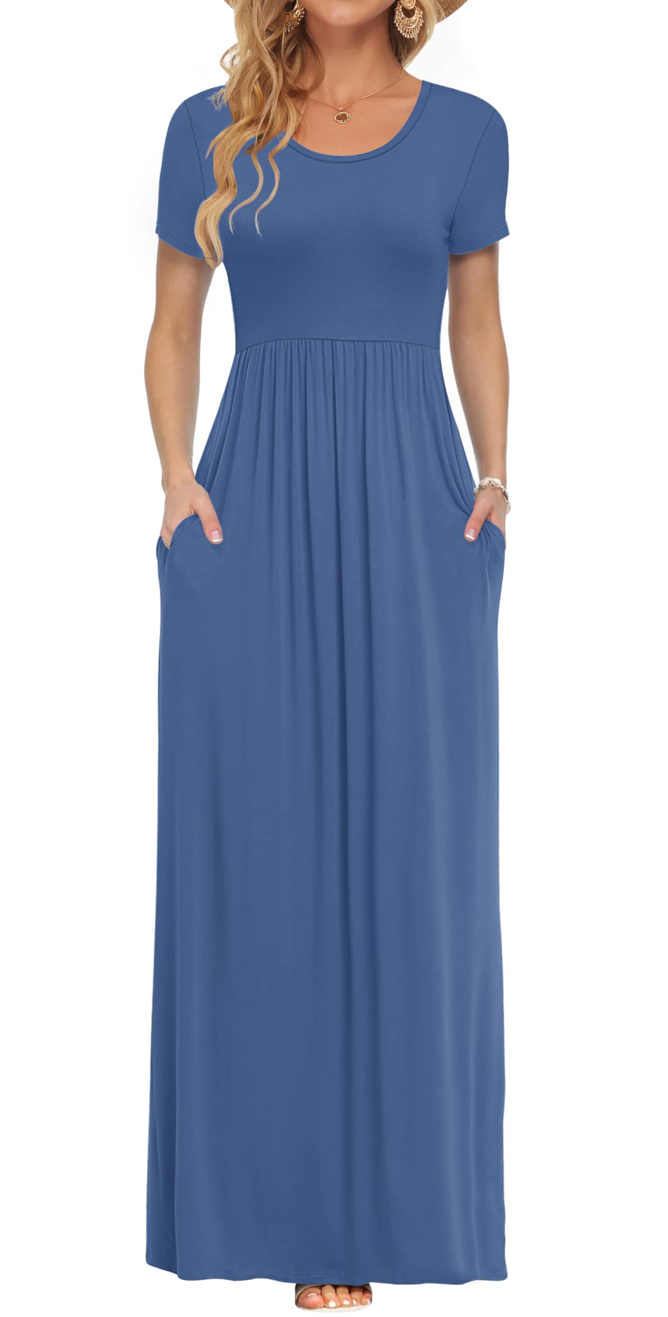 AUSELILY Women's Summer Short Sleeve Loose Plain Casual Long Maxi Dresses | Year Round wear solid floral print, Casual wear, Empire waist, Floor length, Side pockets