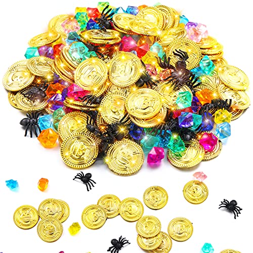 220 Pieces Pirate Gold Coins and Gem Jewelry Set, Including 100 Pirate Gold Coins with 100 Gem and 20 Mini Black Spider Toy, Pirate Game Supplies for Halloween Pirate Themed Events
