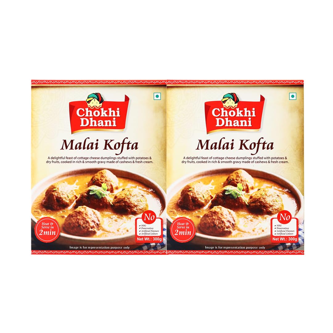 Chokhi Dhani Malai Kofta | Ready to Eat Indian Curry | Instant Heat & Eat Vegetarian Meal | Creamy Tomato & Cashew Gravy with Soft Koftas | Microwavable Premix | Pack of 2 (300g Each) | ready to eat meals
