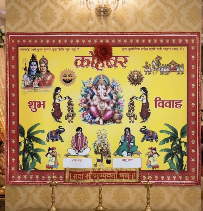 Bhavanya Retails - Kohabar Vivah Chart, Traditional Hindu Wedding Poster, Shubh Vivah , Kohabar ka , Banarasi Kohabar , wall Paper Chart , Marriage , hand Decoration may vary , 51 x 38 cm, Dedign May vary , Shubh & Love , Multi colour-image-37