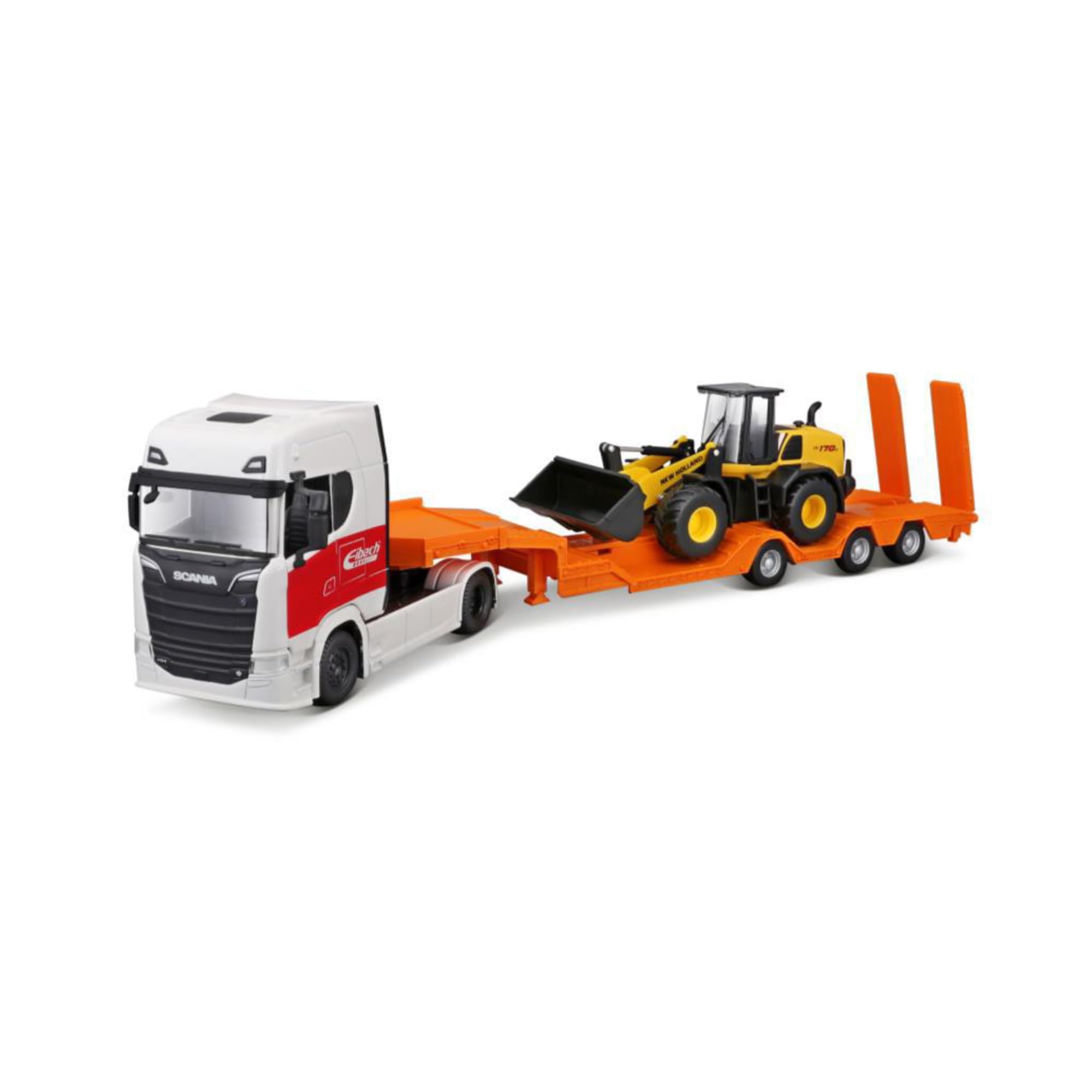 Bburago STREET FIRE HAULER SCANIA With CONSTRUCTION VEHICLE - 1:43 Scale - Incredibly Detailed Die-Cast Replica Collectible Model Vehicle, Yellow
