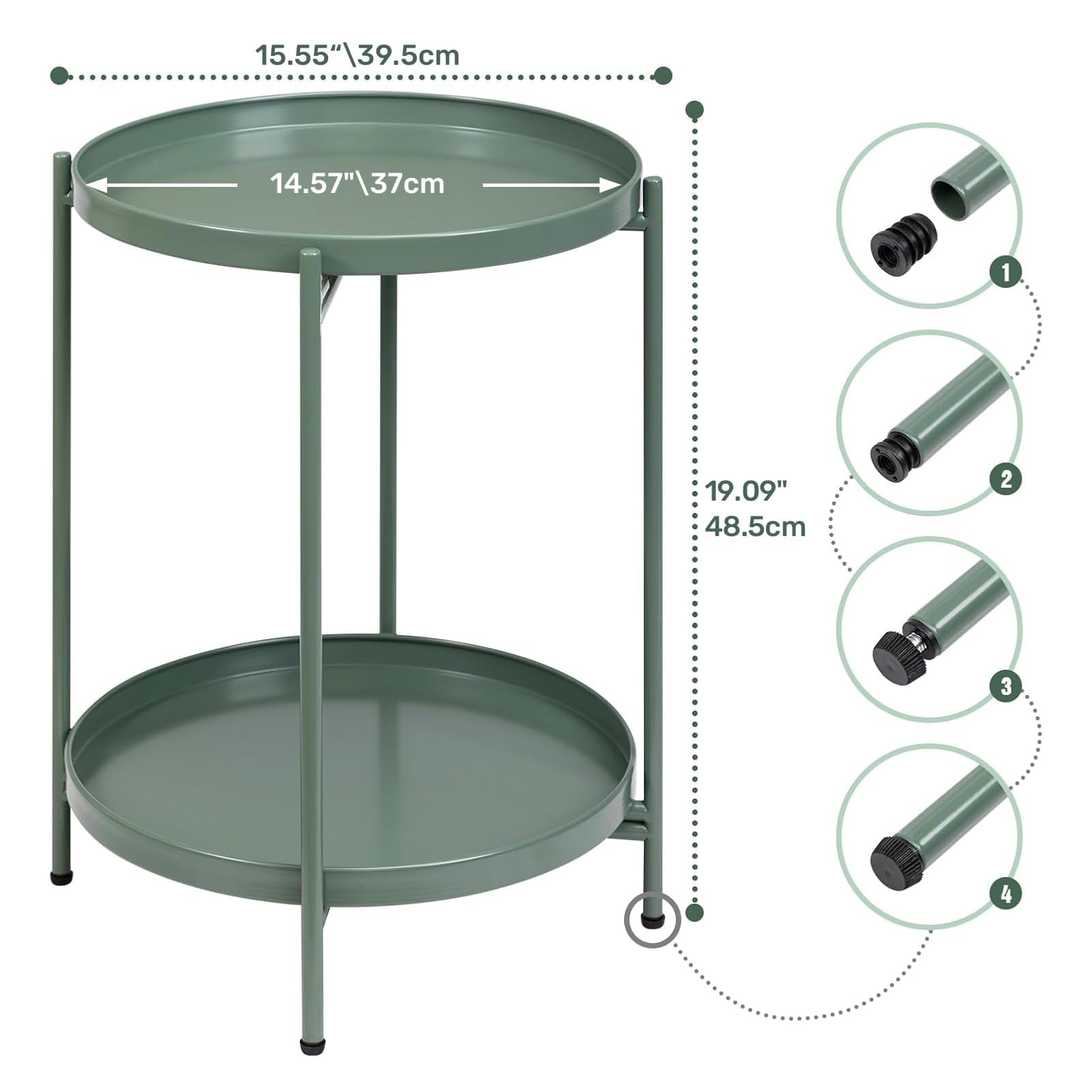 HollyHOME Tavolino Rotondo Piccolo Tavolino Salotto Metallo Tavolino Basso 2 Ripiani Comodino Camera da Letto Tavolino da Divano per Soggiorno Balcone Patio, Verde