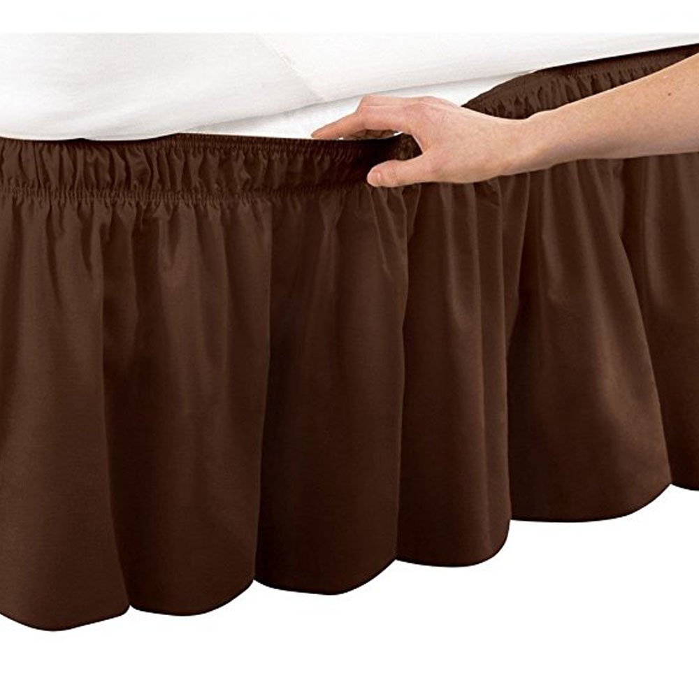 Pleated Three Sides Fabrics Wrap Around Style Egyptian Cotton Elastic 17 inch Drop Dust Bed Skirt for Twin/Full,Queen,King Size Beds(King, BROWN)