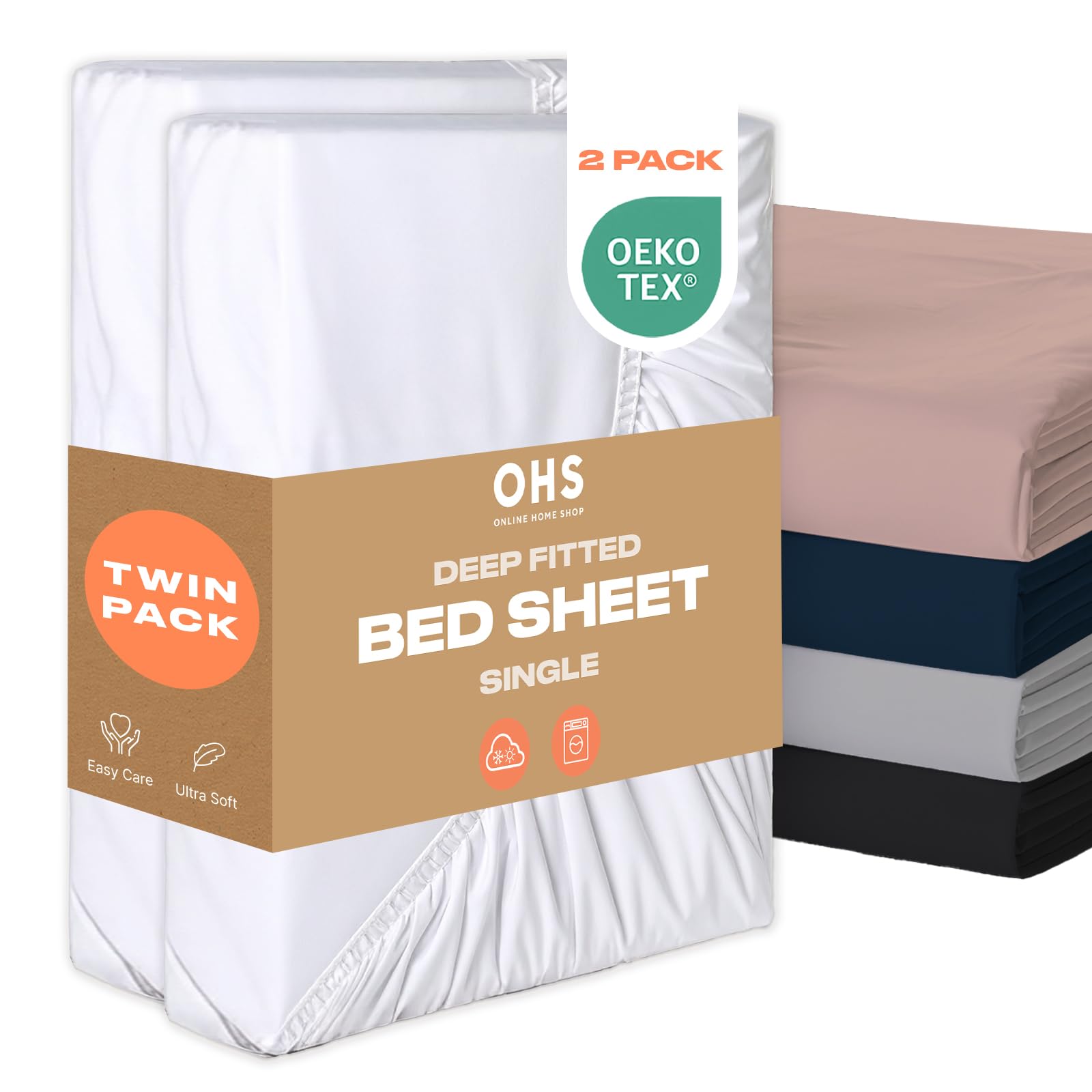 Brentfords Single Fitted Sheets 2 Pack, Single Deep Fitted Sheet Bed Cover Easy Care Fade Resistant Ultra Soft Bedding Linen Microfibre Fitted single sheet Bed, White