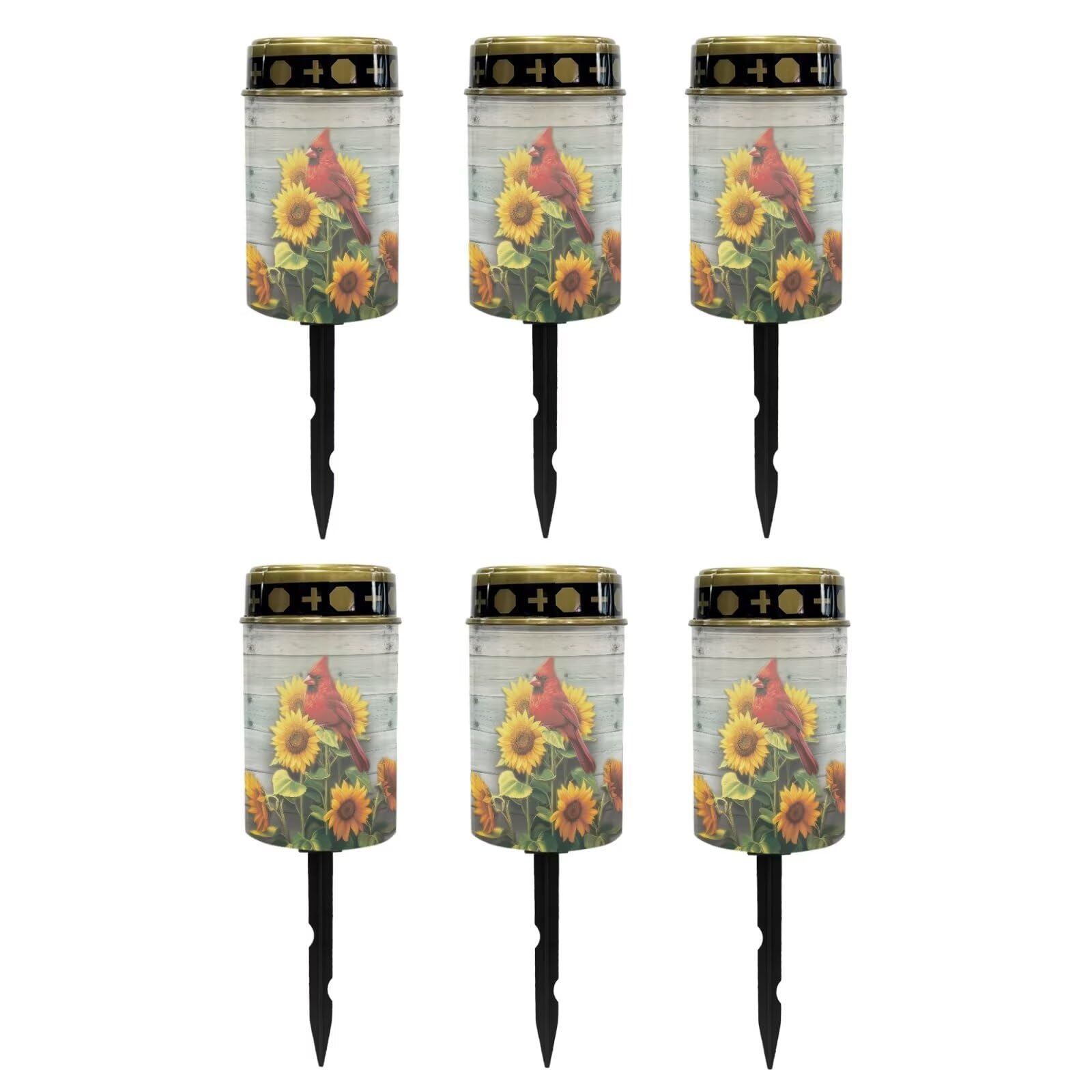 Poceacles Cardinal Sunflower Wood Grain Solar Lights Outdoor Solar Powered Outdoor Cemetery Stake Candle Grave Solar Lamp Landscape Lighting Waterproof Grave Flameless Candle, Pack of 6