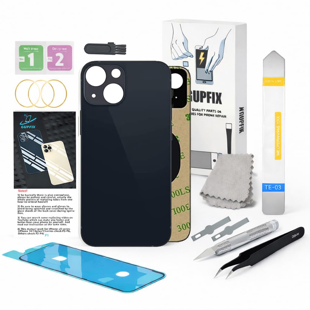 Vitre arrière de Rechange pour iPhone 13 avec Outils de réparation, Grand Trou arrière de Rechange pour Tous Les transporteurs avec adhésif pré-installé et Kits d'outils de réparation (Noir)