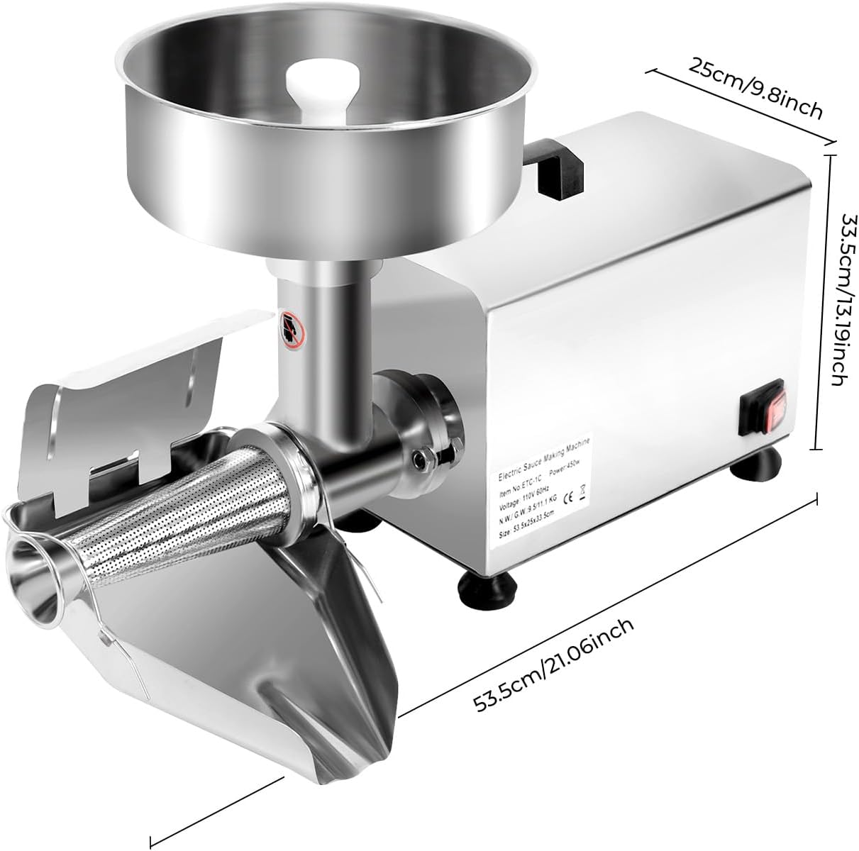 Tomato Strainer, 110V 450W Stainless Steel Food Press Sauce Maker, Commercial Electric Food Mill, Pure Copper Motor Food Strainer for Jam & Sauce,