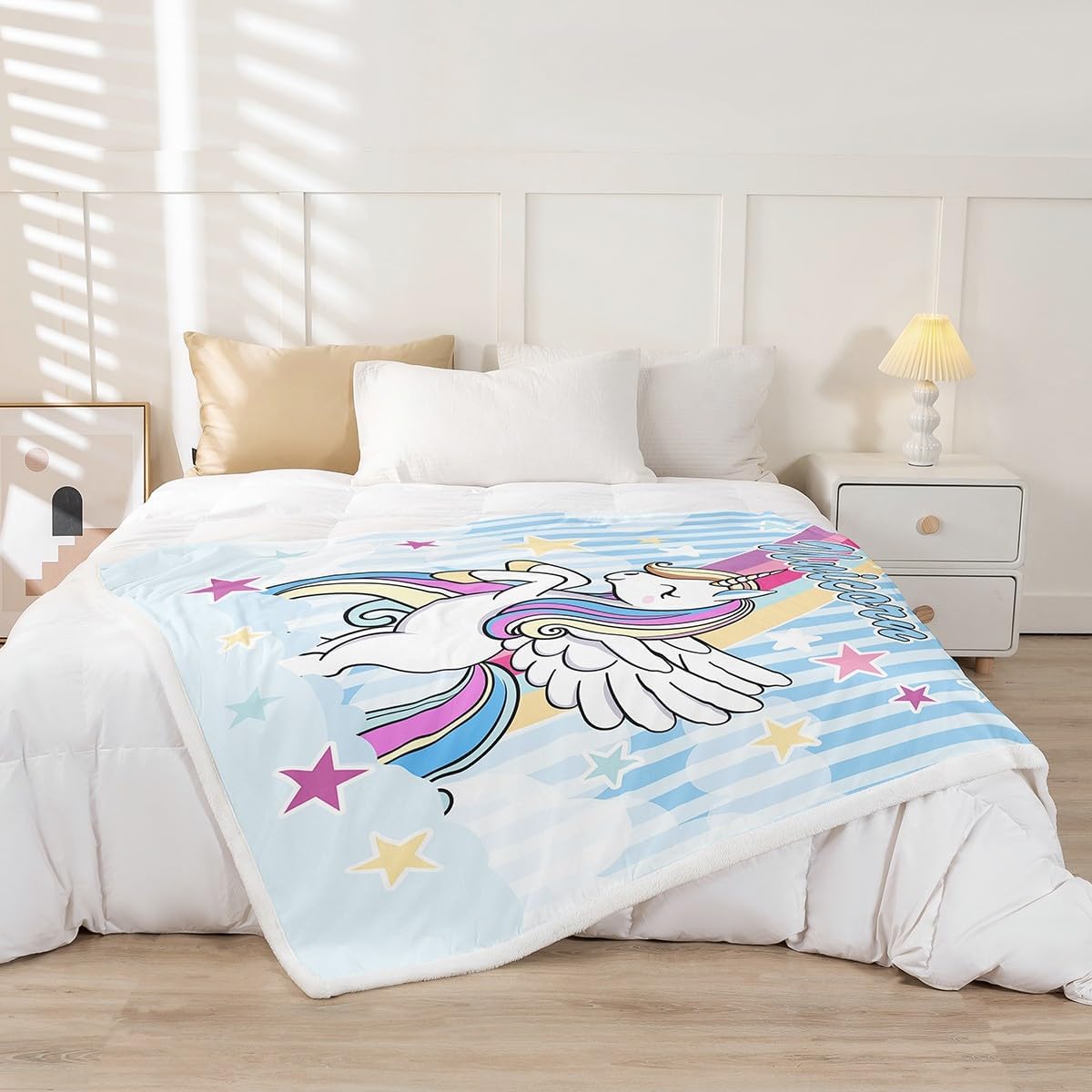 Kawaii Unicorn Bed Blanket Kids Girls Colorful Stars Pattern Sherpa Blanket Soft Cozy Lightweight Blue Unicorn Plush Fleece Dreamy Blanket Gifts for Bed Chair Office Sofa(Throw 50"x60")