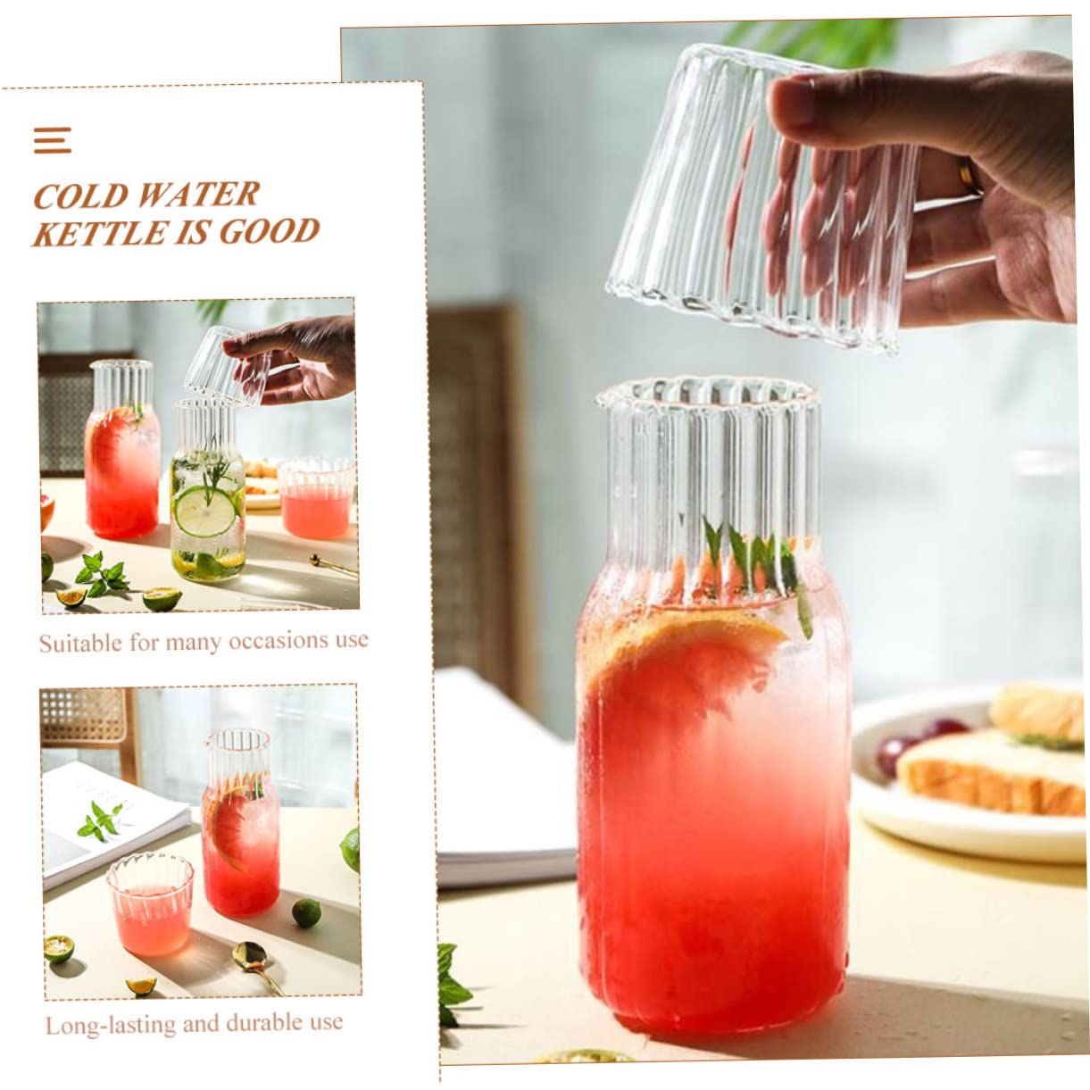 COLLBATH 1 Set Cold Water Bottle for One Person Beverage Pitcher Tumbler and Decante Drink Pitcher with Lid Lemonade Cups Nightstand Water Delicate Bedside Carafe Tabletop Carafe Glass