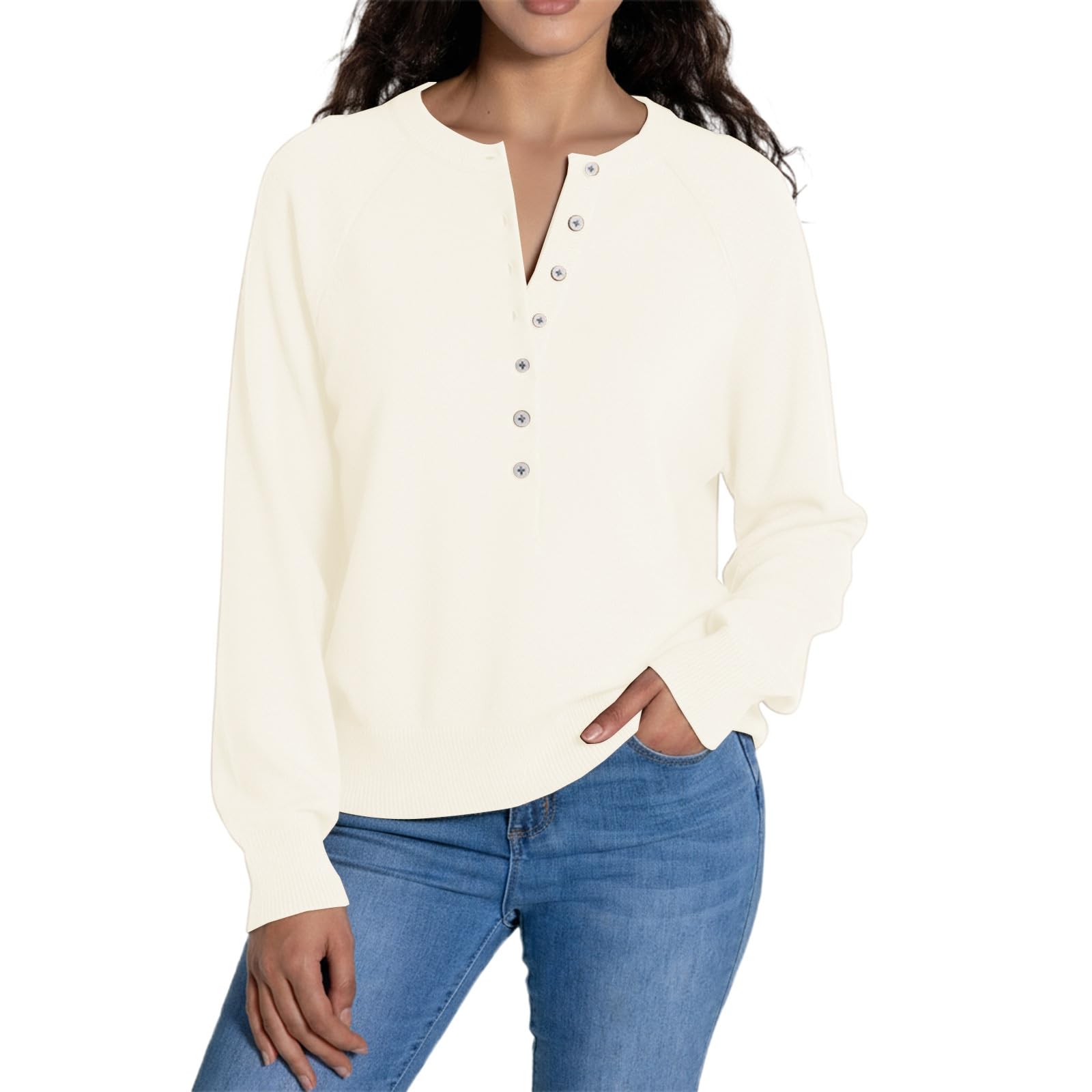 Womens Henley Sweater Button V Neck Fall Long Sleeve Casual Layering Undershirt Trendy Baggy Knitted Pullover Tops