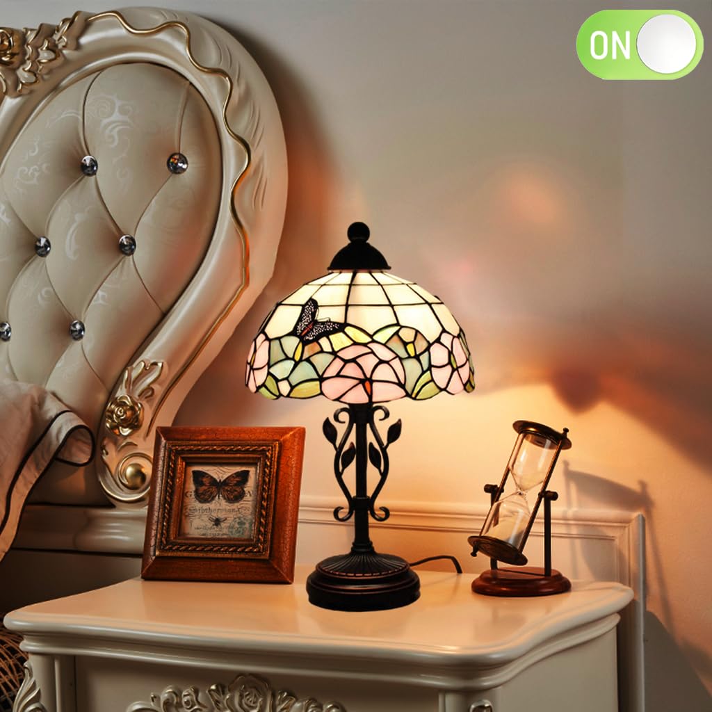 Tischlampe im Tiffany Stil,Vintage Nachttischlampe Schlafzimmer Deko Lampe,Jugendstil Tischleuchte,Butterfly buntglas lampenschirm 25cm / 10 Zoll,Harz-Basis mit Kabel und E27 LED Birne(B)