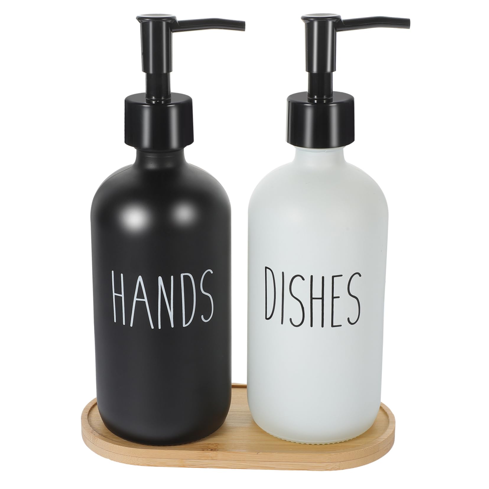 Dispensador de Jabón Líquido de Vidrio 500ml, Juego de 1 con Bandeja de Bambú, Reutilizable, para Baño y Cocina, Fácil de Presionar