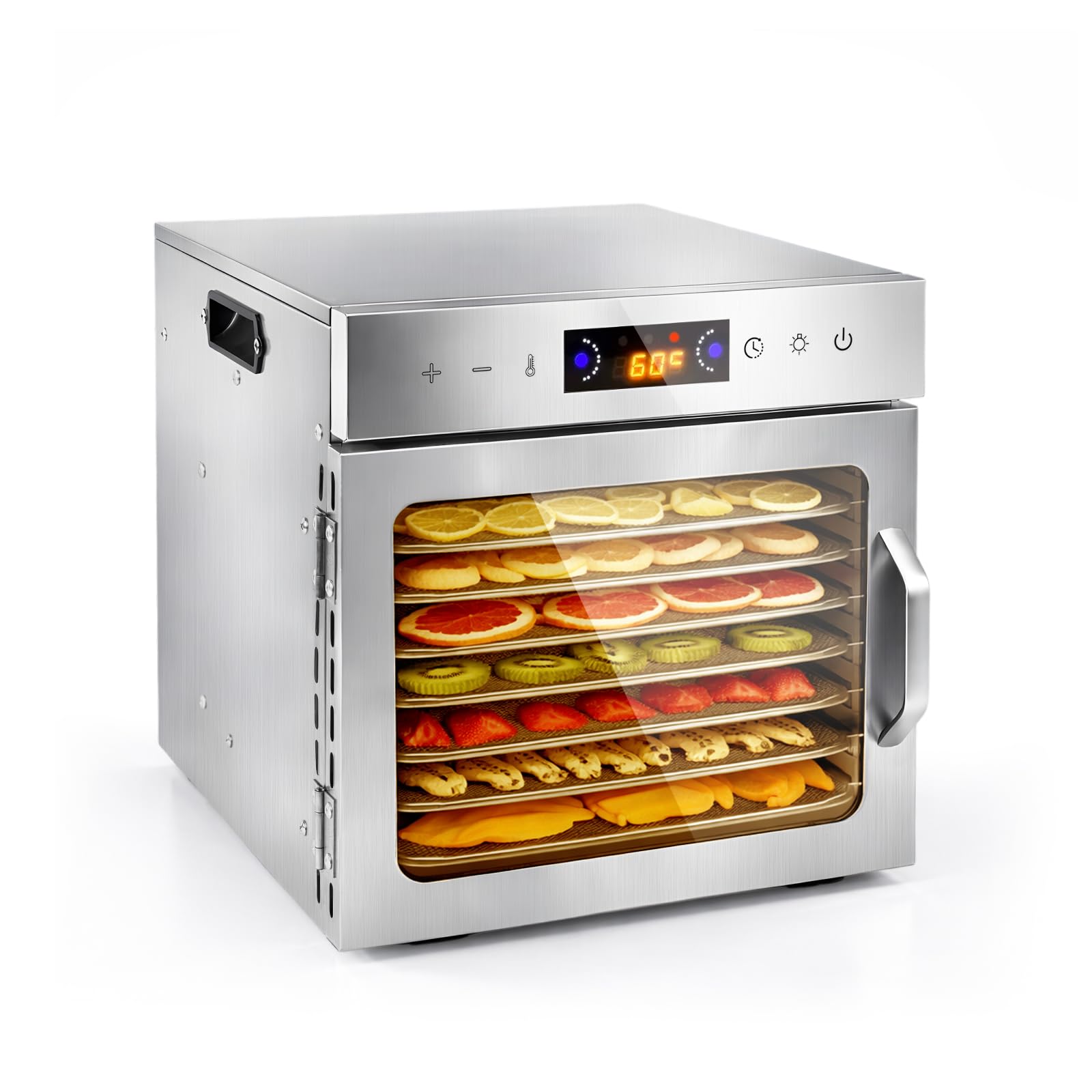 Dörrautomat Edelstahl mit 8 Stainless Steel Grids und 8 er Dörrfolie, BPA-frei, Einstellbare Temperatur von 35–90°C, Für Obst, Gemüse, Fleisch und Kräuter, Inklusive Rezeptbuch