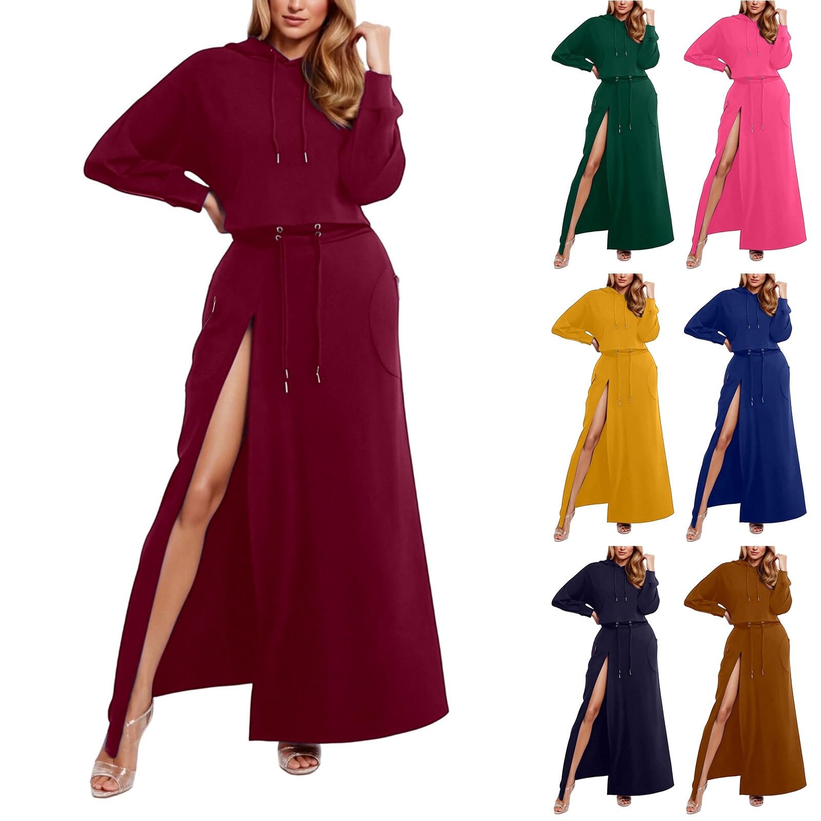 Generisch Tuta da donna elegante in due pezzi, per il tempo libero, a maniche lunghe, con cappuccio e spacco laterale, comoda e morbida, traspirante, tinta unita
