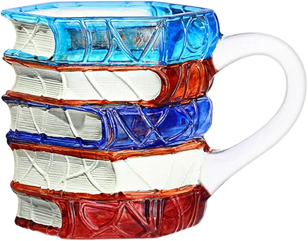 OUMYQ Handmade Glass Book Stack Coffee Mug, Hand-Painted Red White Blue Design, Borosilicate Glass, 8 Oz, Novelty Drinkware for Book Lovers, Writers (Small)