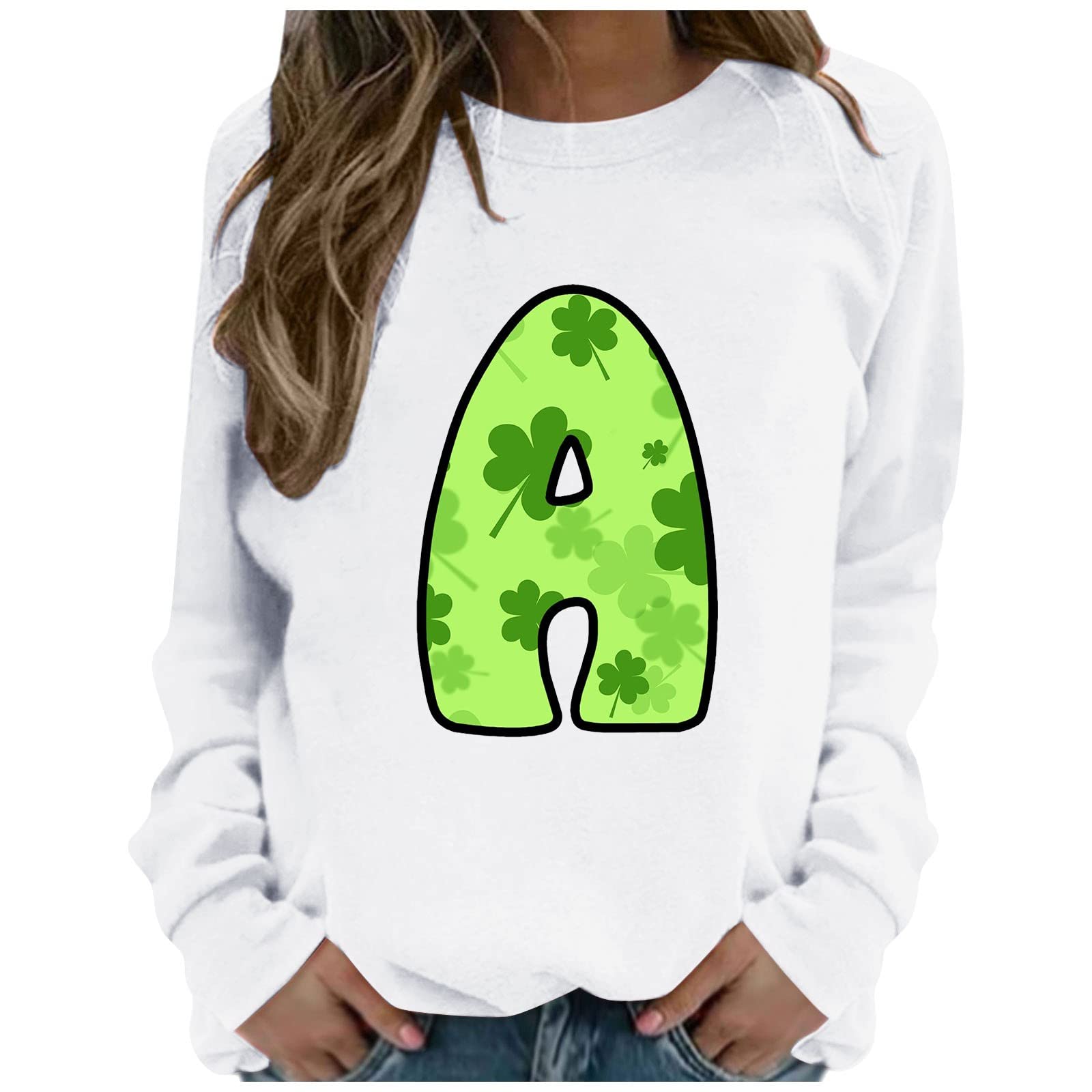 Women St. Patrick's Day Sweatshirts Long Sleeve Crewneck Pullover Tops Clover Graphic Shirts Colorblock Sweater