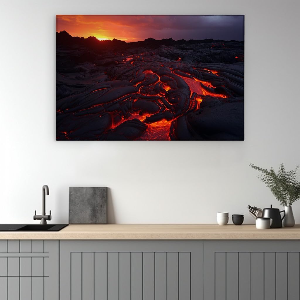 Canvas for Living room. Illuminated Fury: Nature�s Molten River Under a Sunset Sky, 27 x 18 inch Canvas Wall Art - Contemporary Masterpieces - Modern Home Decor - 69x46 cm (27x18 inch)