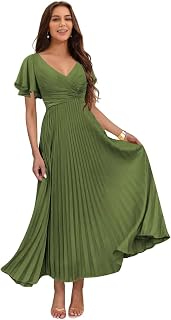 Women's V Neck Pleated Satin Bridesmaid Dresses with Sleeves Long Maxi Formal Evening Dress VS259