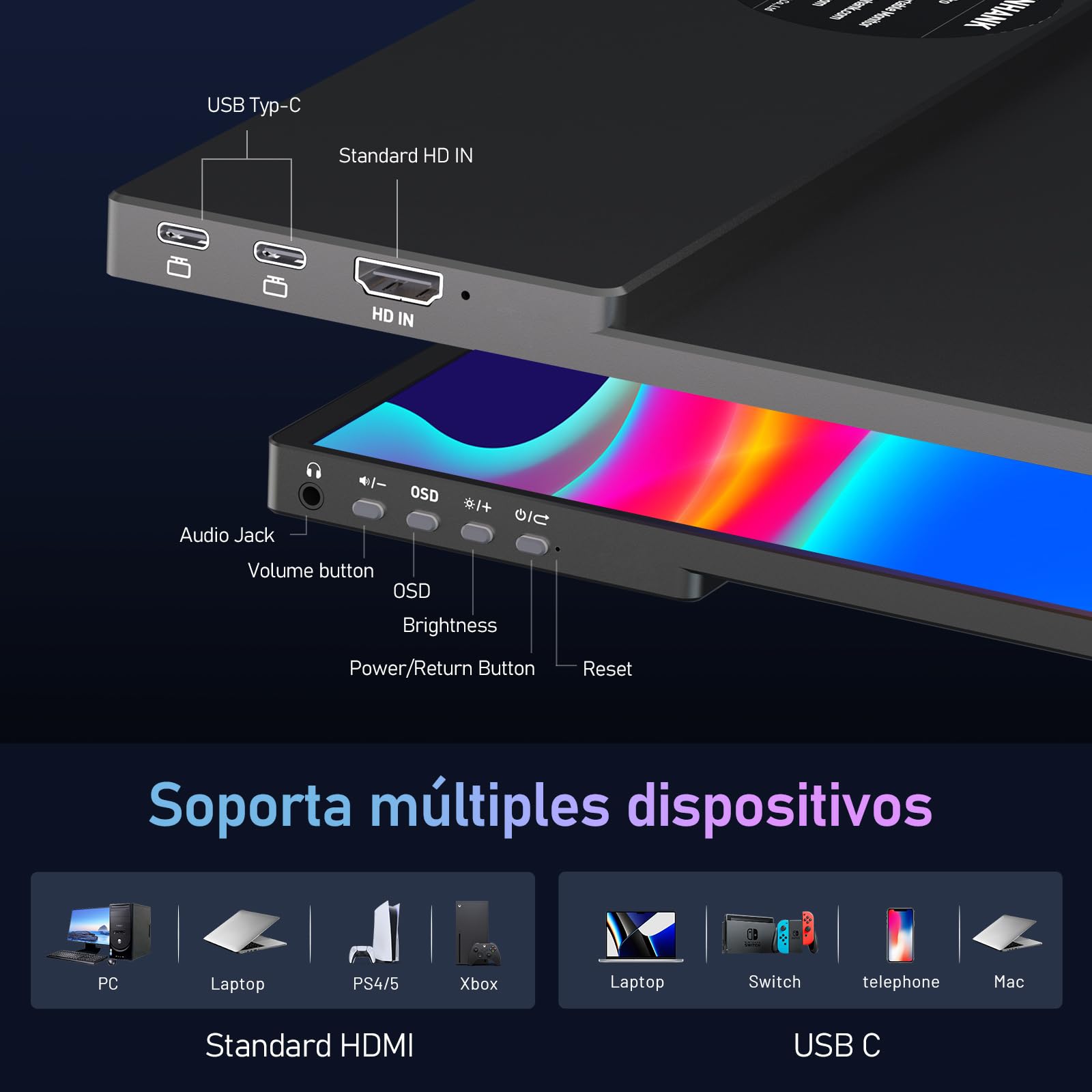 Kinhank 2.5K Pantalla Portátil, 144Hz | 16" | 500Nits | QHD | HDR | 100% sRGB, FreeSync, IPS Eye Care Monitor Portátil, Monitor Gaming para Laptop/PC/MacBook/Phones/Tablet/PS5/4/Xbox/HDMI/USB C