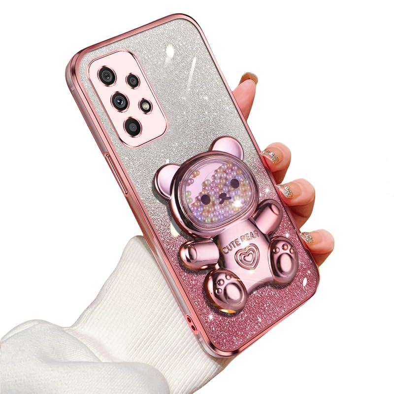 Cases Compatible with Samsung Galaxy A52 5G Cover, Soft Silicone Electroplated Case, Designed Cute Bear Folding Stand Holder for Women,Camera Lens