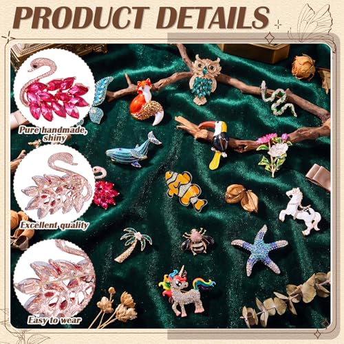 Image of Sasylvia 16 Pcs Women Brooch Set Rhinestone Vintage Animal Insect Plant Pins Brooches Bulk for Christmas Women Girls Gifts