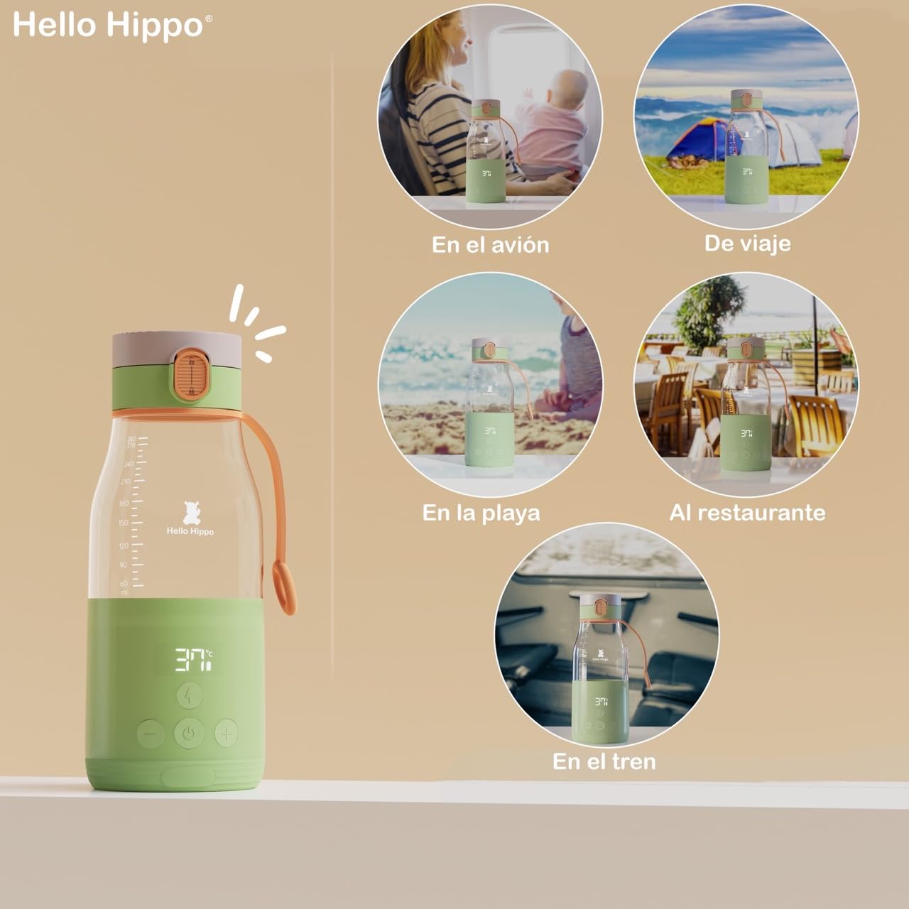 HELLO HIPPO® Premium Mobile Bottle Warmer, portátil, USB, 300 ml - sin cable - bateria- ideal para viajes - Calienta leche y agua - Graduación /30 ml - Temperatura regulable de 37 a 50°C