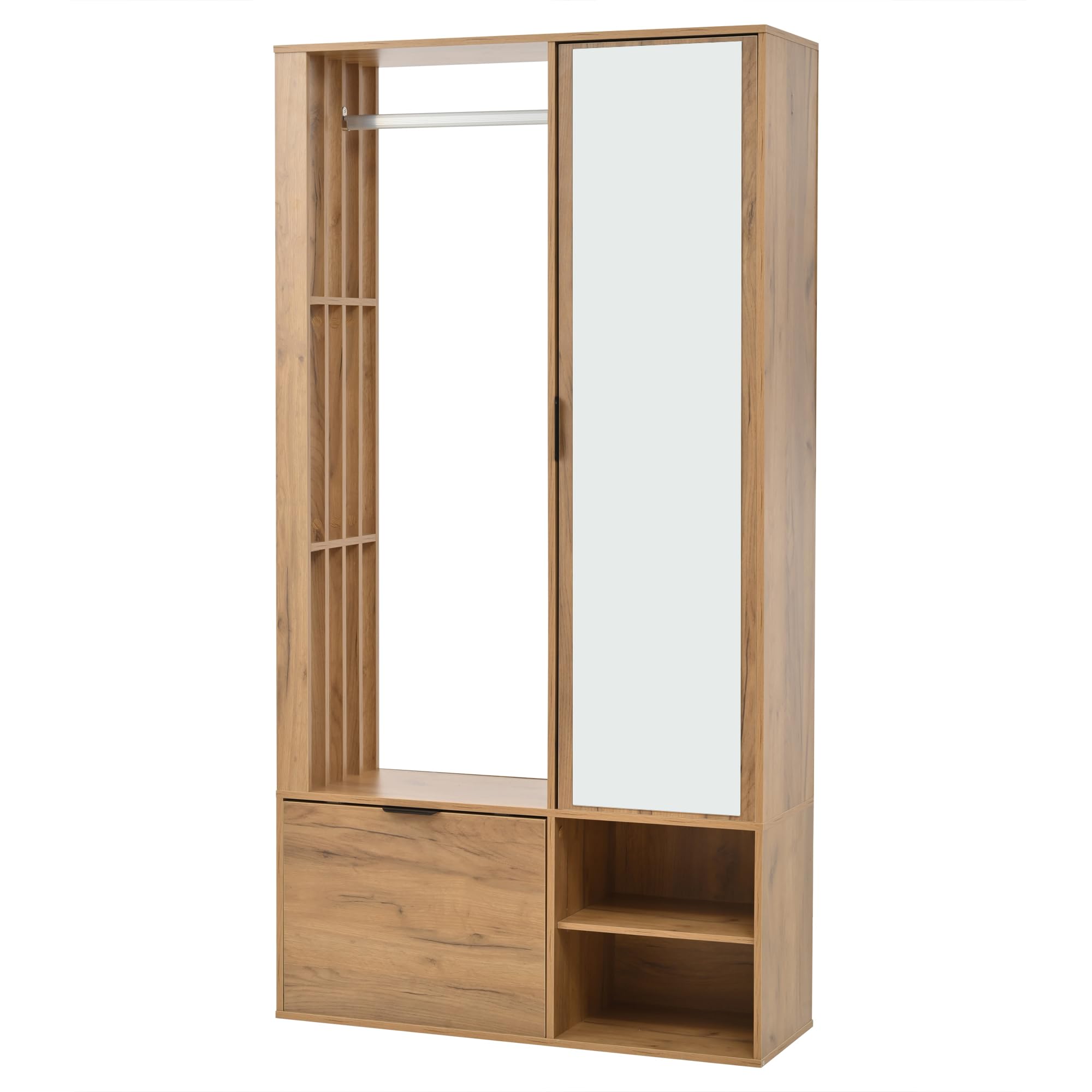 Garderobenschränke 100x33x190cm, 6-in-1-Eingangsschrank, zum Aufhängen von Mänteln, Flurschrank mit Wäscheständer & Spiegel, Schrank mit unterer Tür, Holzfarbe