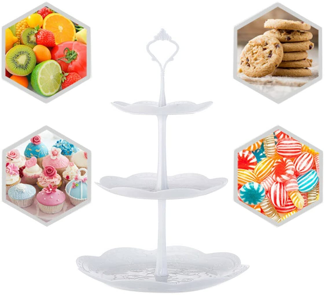 White Round/Square 3 Tier Cake Display Stand,Tiered Dessert Cupcake Decor Stand For Afternoon Tea Session Weddings Birthdays Anniversaries and Party Plates Tableware Embossed Tray (Round)