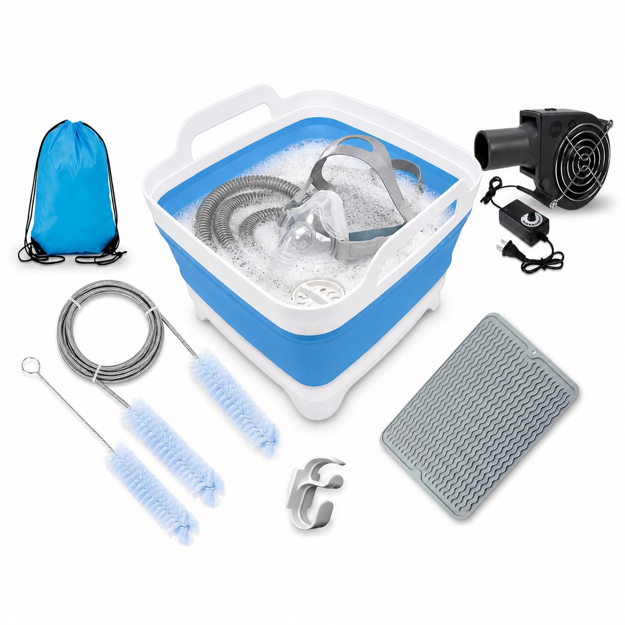 CPAP Cleaning and Drying Kit with Hose Dryer, Wash Basin, Hose Brush & Mat