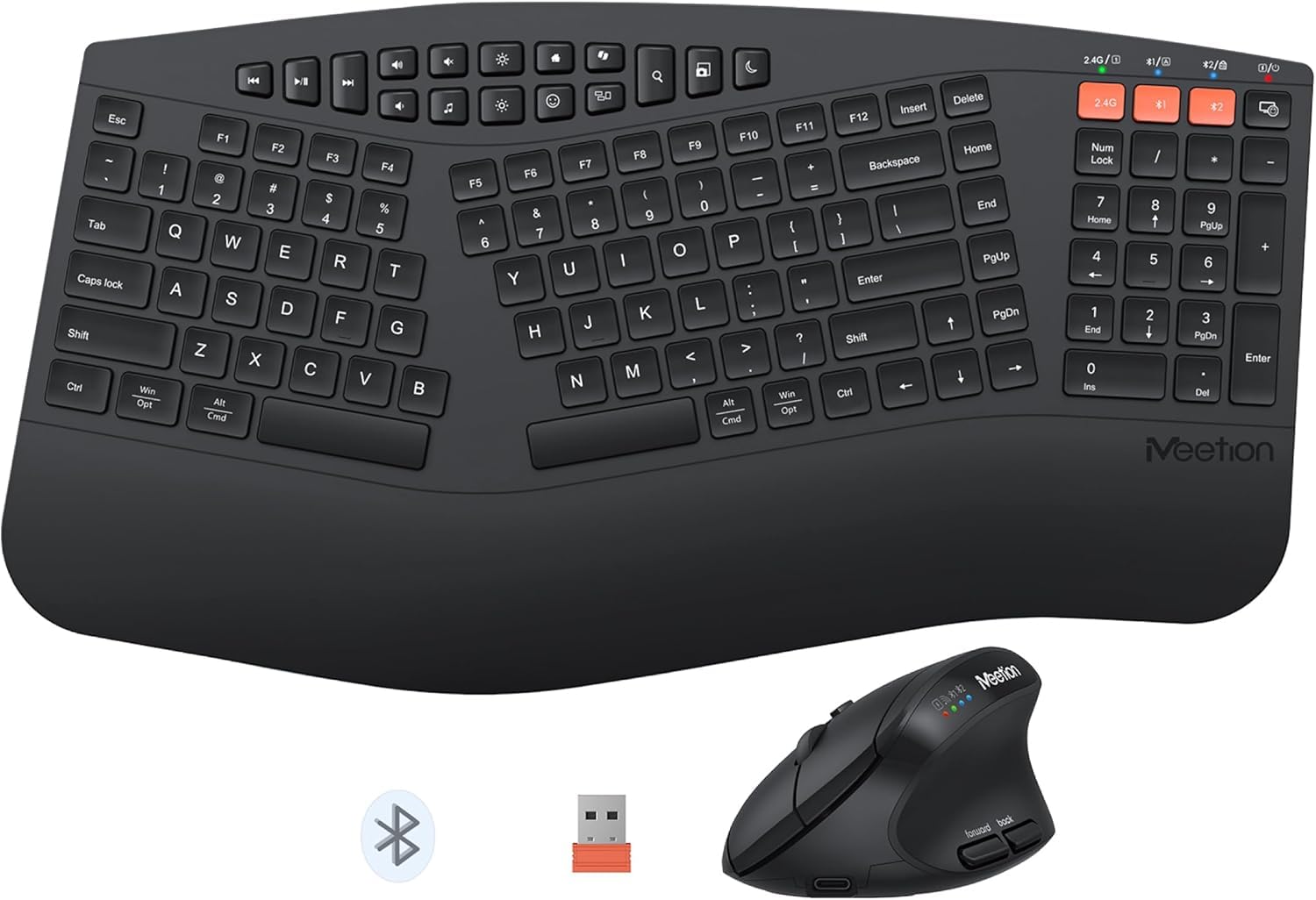 MEETION Wireless Ergonomic Keyboard and Mouse, Multi-Device Bluetooth Keyboard and Mouse, 3 DPI Adjustable Full-Sized Cordless Keyboard and Mouse, for PC/Computer/Laptop/Window, Black