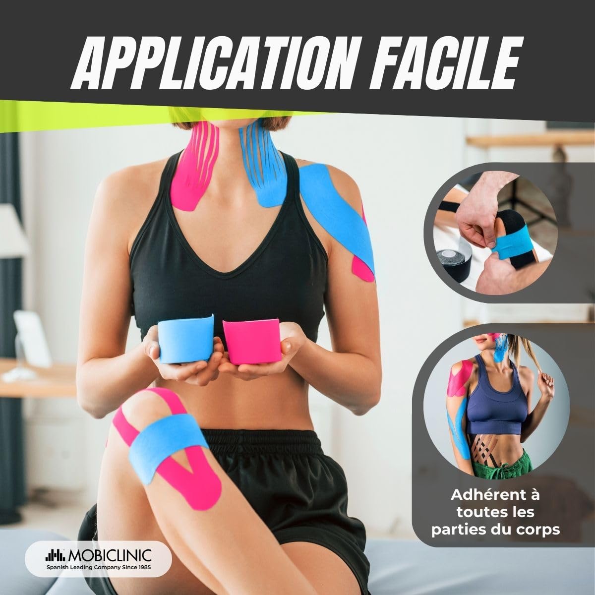 Mobiclinic®, Pack 12 rouleaux bande kinesiologie, Neuro-musculaire adhésive, De 5m x 5cm, Sport tape, Soulagement des douleurs musculaires, Kinesiotape, Face (Noir)