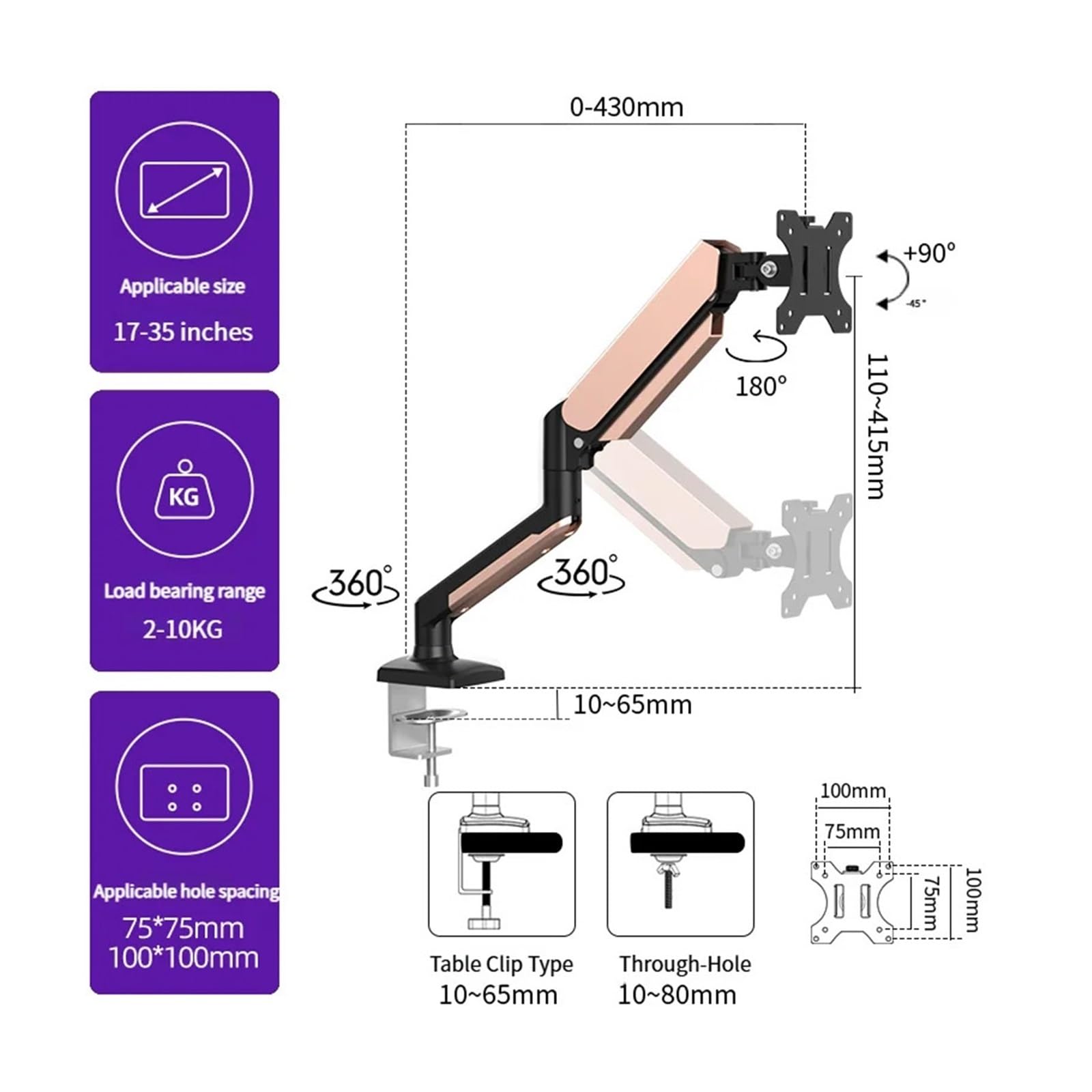 braccio per monitor, Supporto for monitor singolo, 35 pollici, capacità 10 kg