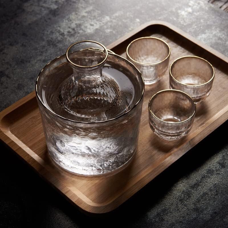 Service à saké en Verre de 6 pièces : Bouteille de 350 ML, 4 Verres à saké et 1 Carafe Isotherme. Idéal pour Le saké Froid, tiède ou Chaud. Décoration et Artisanat.