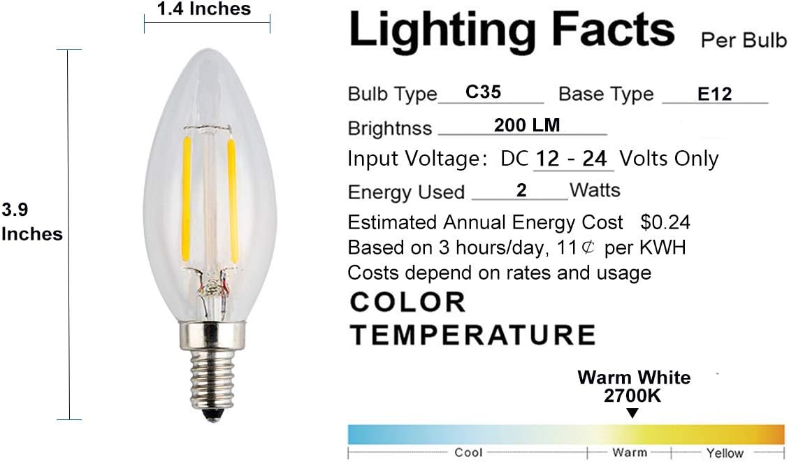 LED Candelabra Low Voltage Bulb, DC 12V Input, 2W 200Lm, Dimmable, Warm White Light, E12 Candle Base, Clear Glass Torpedo Tip, 25W Incandescent Equivalent, 12-24V DC Power, 3 Pack