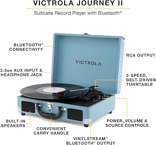Miniatura 2 de Victrola Journey II (modelo 2025) - Reproductor de discos de maleta Bluetooth - Altavoces estéreo integrados con graves mejorados, tocadiscos de 3