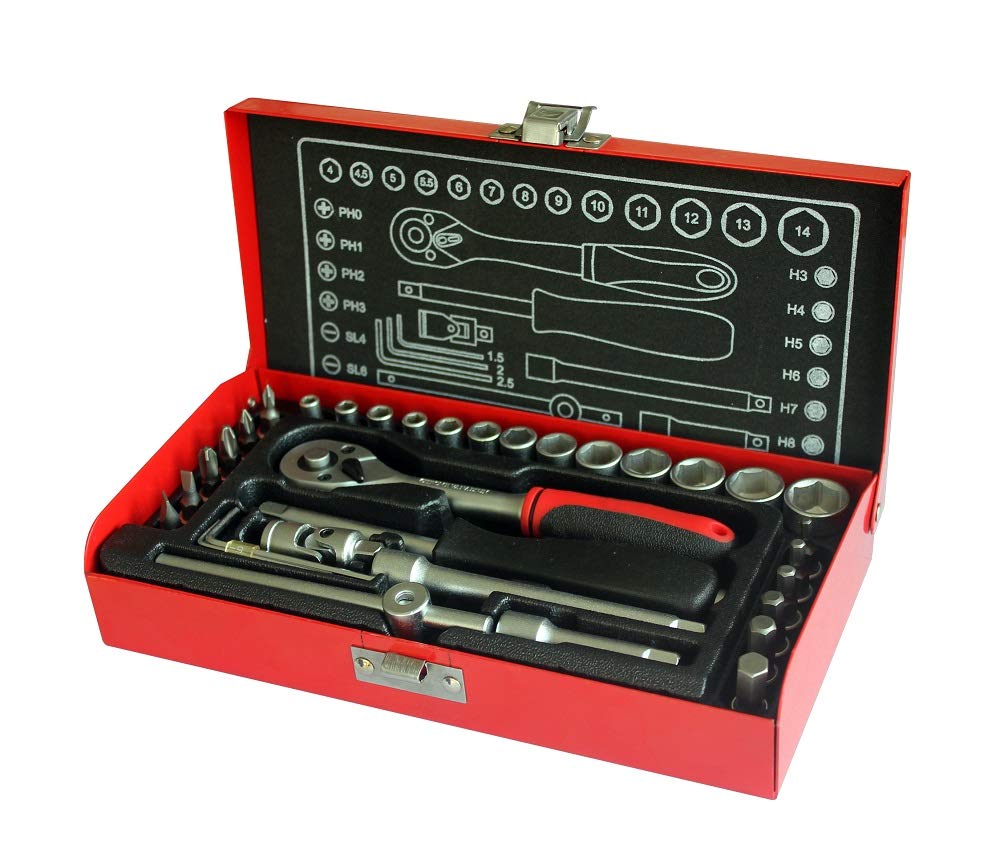 Coffret Outillage 1/4" 34 Pièces – Jeu de Douilles et Cliquet, Coffret à Outils Compact pour Réparation Auto, Moto, Vélo et Bricolage