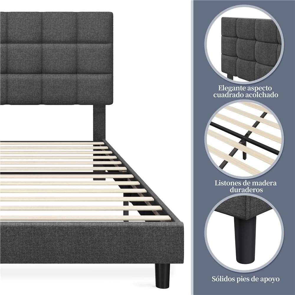 Yaheetech Marco de Cama Tapizada de 140 x 200 cm Camas de Matrimonio con Cabecero Regulable en Altura Estructura Estable con Listón de Madera, Color Gris Oscuro