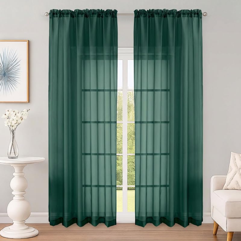 OWENIE Hunter Green Sheer Curtains 90 Inch Long 2 Panels for Bedroom