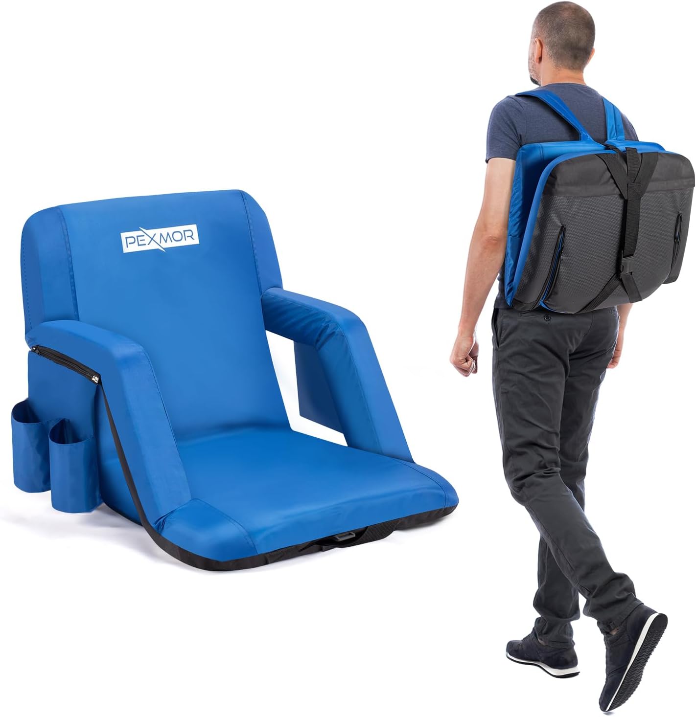 PEXMOR Folding Stadium Seats for Bleachers w/Back Support, Bleacher Chair w/Cushion & Armrest, 5-Reclining Position Portable Padded Stadium Chair w/Pockets, Carrying Bag
