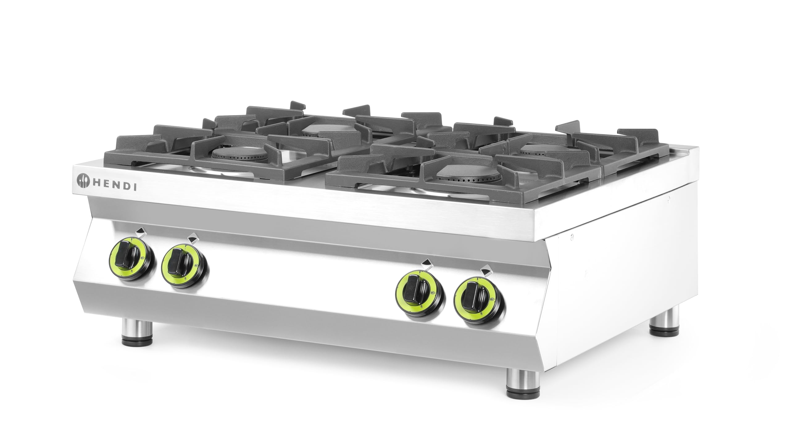 HENDI Gazinière, 4 brûleurs : 2x 6kW - 2x 3.5kW, modèle de table, supports de casseroles en fonte, convient pour le gaz naturel, avec kit de conversion pour le GPL, 19kW, 800x700x(H)310mm, inox