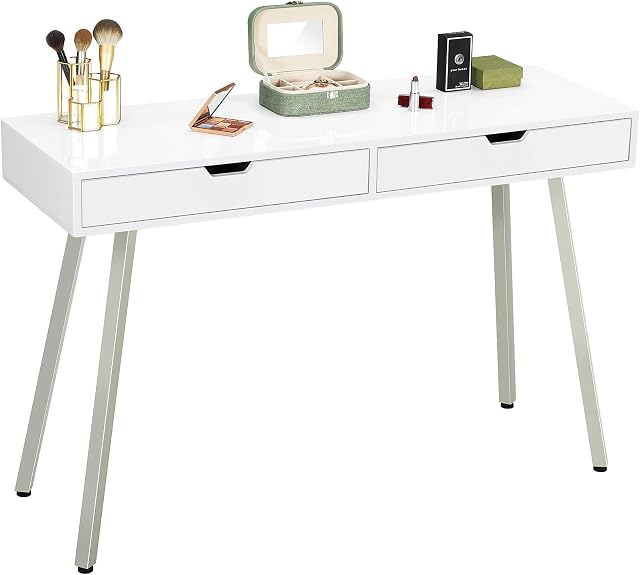 GreenForest Vanity Desk with Glossy Desktop, 47 inch Modern Home Office Computer Desk with 2 Drawers White Makeup Dressing Table for Girls Women Bedroom, Sliver