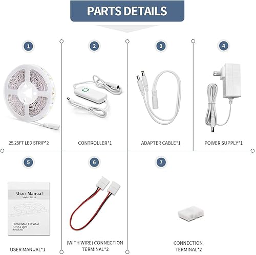 Miniatura 7 de Tira de luces LED de 50.5 pies, luz blanca cálida, tira flexible de luces LED de intensidad regulable, Kits con fuente de alimentación ETL de 24V,