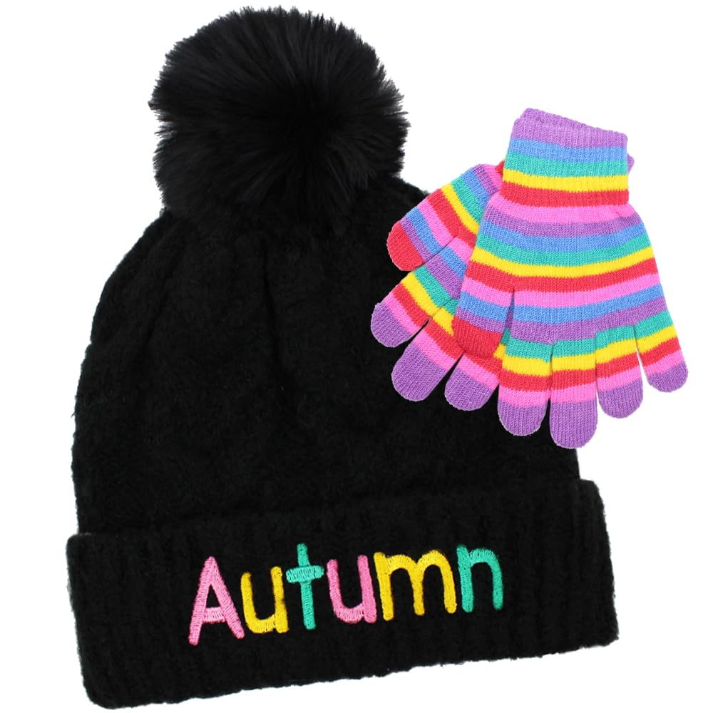 TeddyT's Girl's Black Fluffy Cable Pom Pom Bobble Hat Multi-Colour & Rainbow Gloves (7-13 Years)