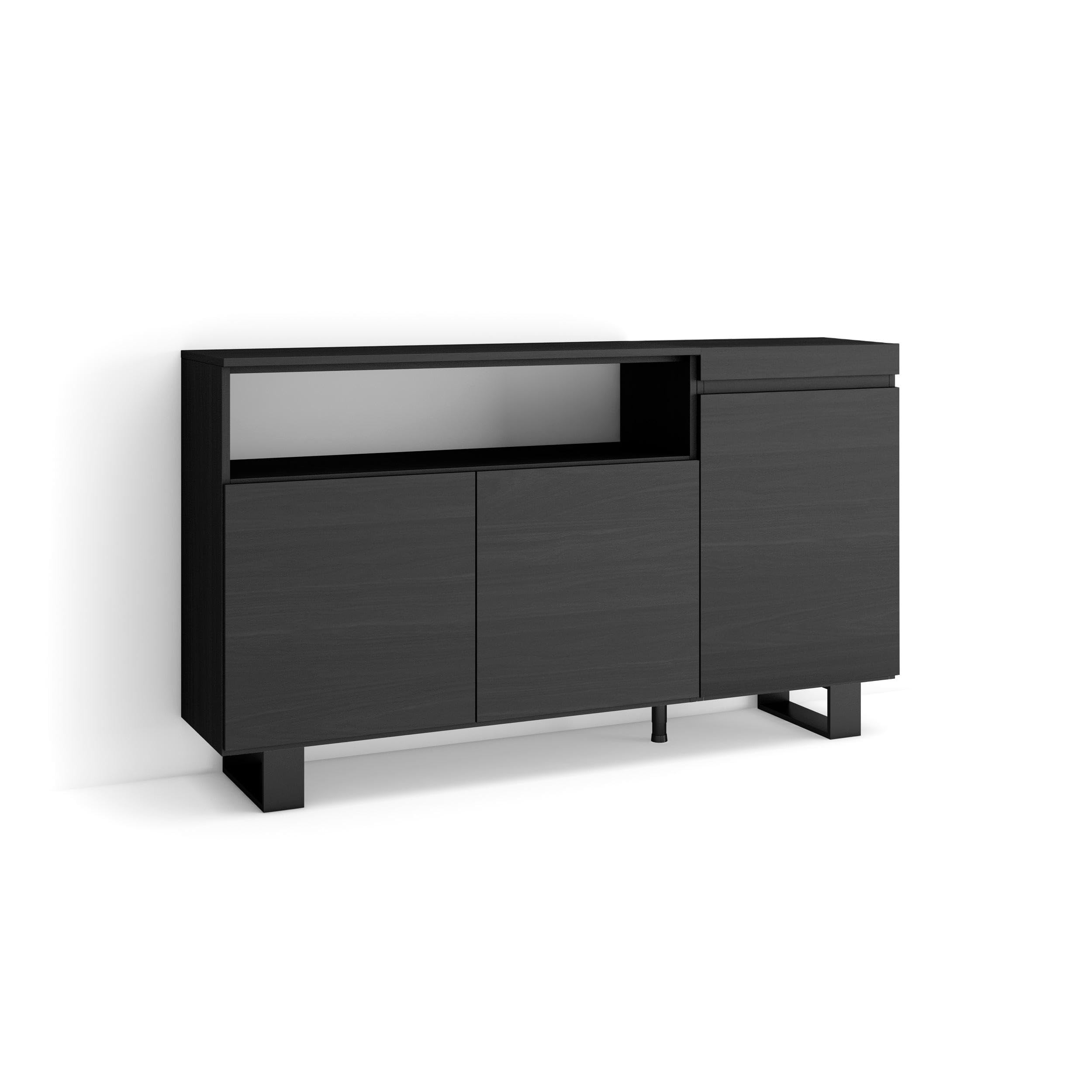 Dressoir, Opbergkast, 150x87x35cm, 3 Deuren, Elektrische haard, Industrieel design, Zwart