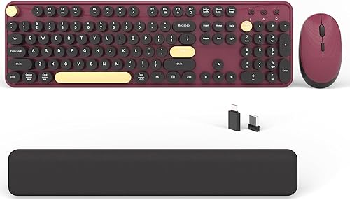 Miniatura 7 de COVEVA - Teclados inalámbricos para computadora, mouse combinados, teclado retro colorido con teclas redondas, juego de teclado y mouse USB de