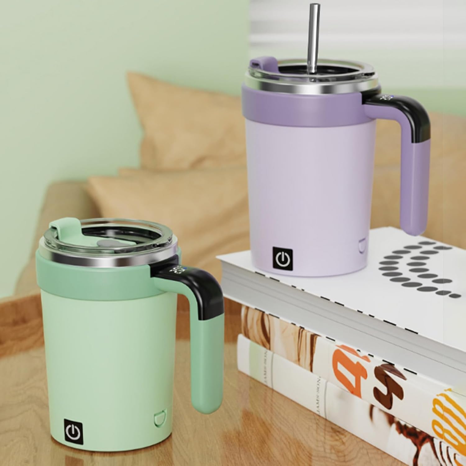 Self Stirring Coffee Mug, Electric Automatic Magnetic Stirring Coffee Mug, Rechargeable Self Mixing Cup for Milk Tea, Digital Temperature Display Insulated Smart (Purple)