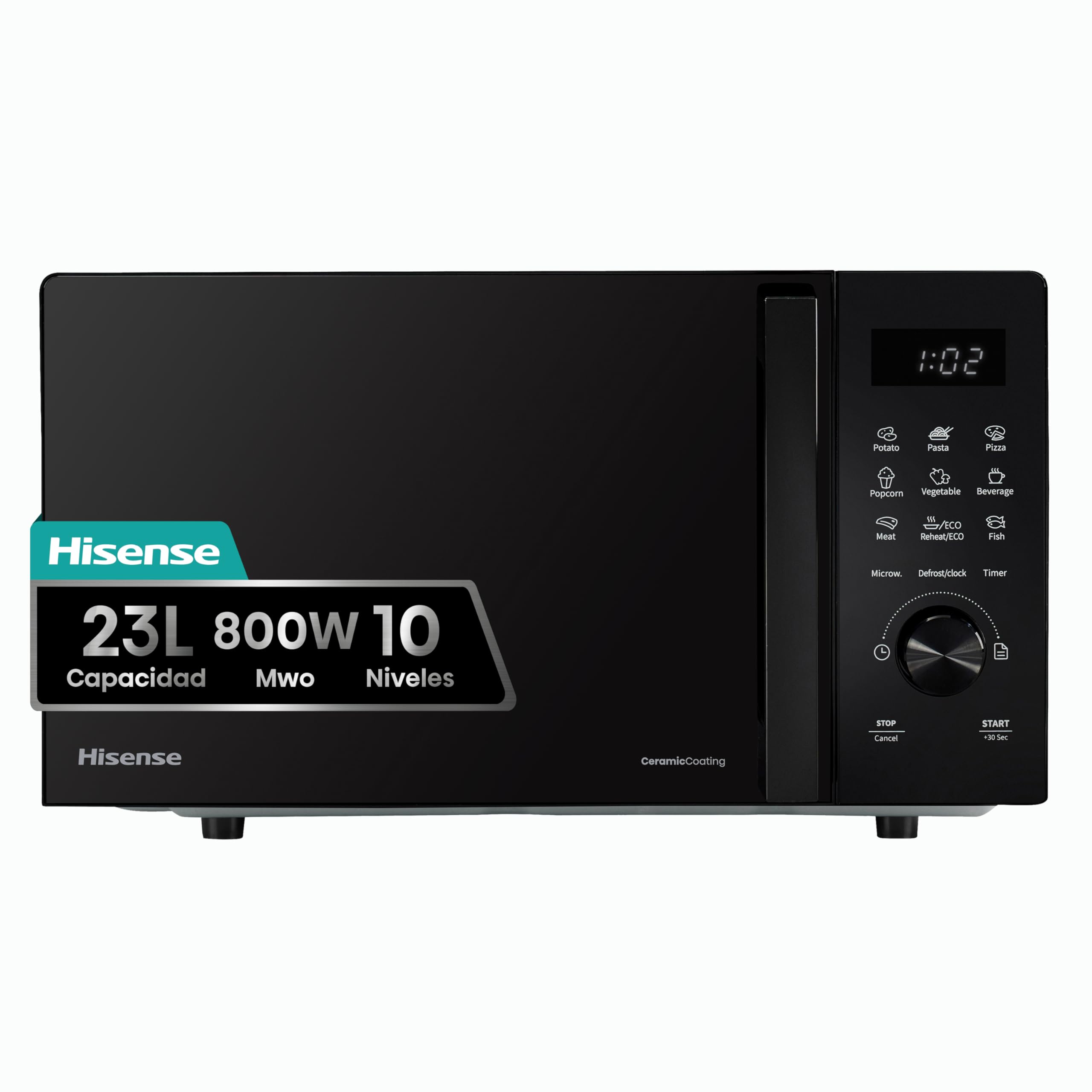 Hisense H23MOBSD1H - Microondas Digital con Grill 23L, 800W, Revestimiento Cerámico, Cristal Premium, 10 Niveles de Potencia, Función de Descongelación, 9 Programas Automáticos, Fácil limpieza