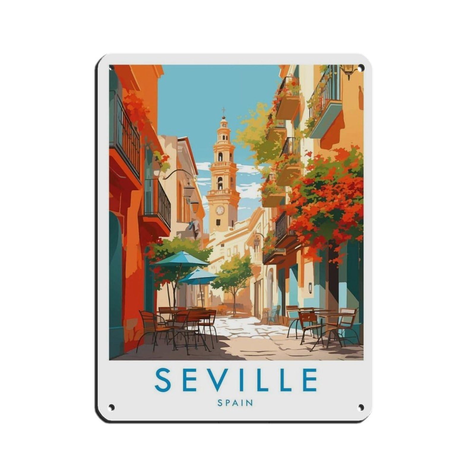 Seville Travel Poster, Spain Retro Poster Metal Tin Sign Chic Art Retro Iron Painting Bar People Cave Cafe Family Garage Poster Wall Decoration 12x16inch(30x40cm)